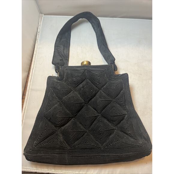 Vintage Handbags - Unique Vintage CORSE Black Textured Woven Lady`s Bag Handbag